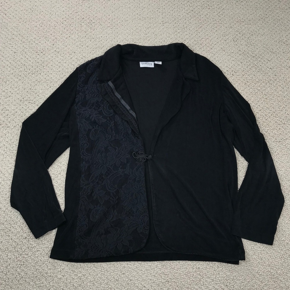 Chicos‎ Travelers Black Lace Overlay Cardigan Jacket Frog Closure Size 3 XL